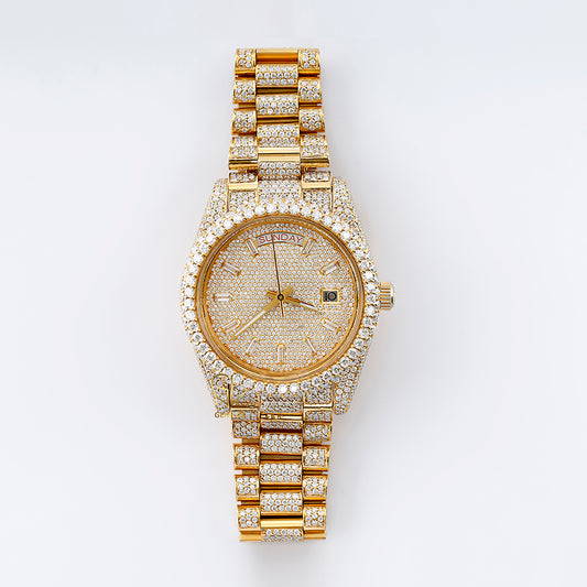 Yellow Gold Day Date Iced Out Moissanite Diamond Watch