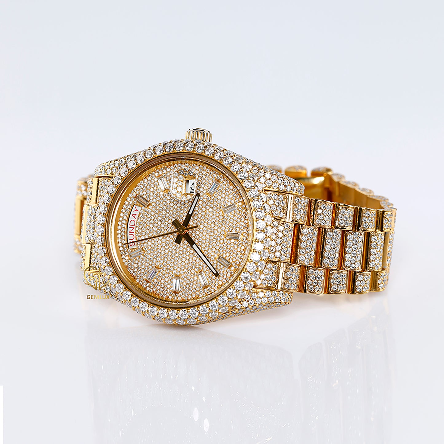 Yellow Gold Day Date Iced Out Moissanite Diamond Watch