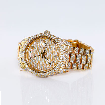 Yellow Gold Day Date Iced Out Moissanite Diamond Watch