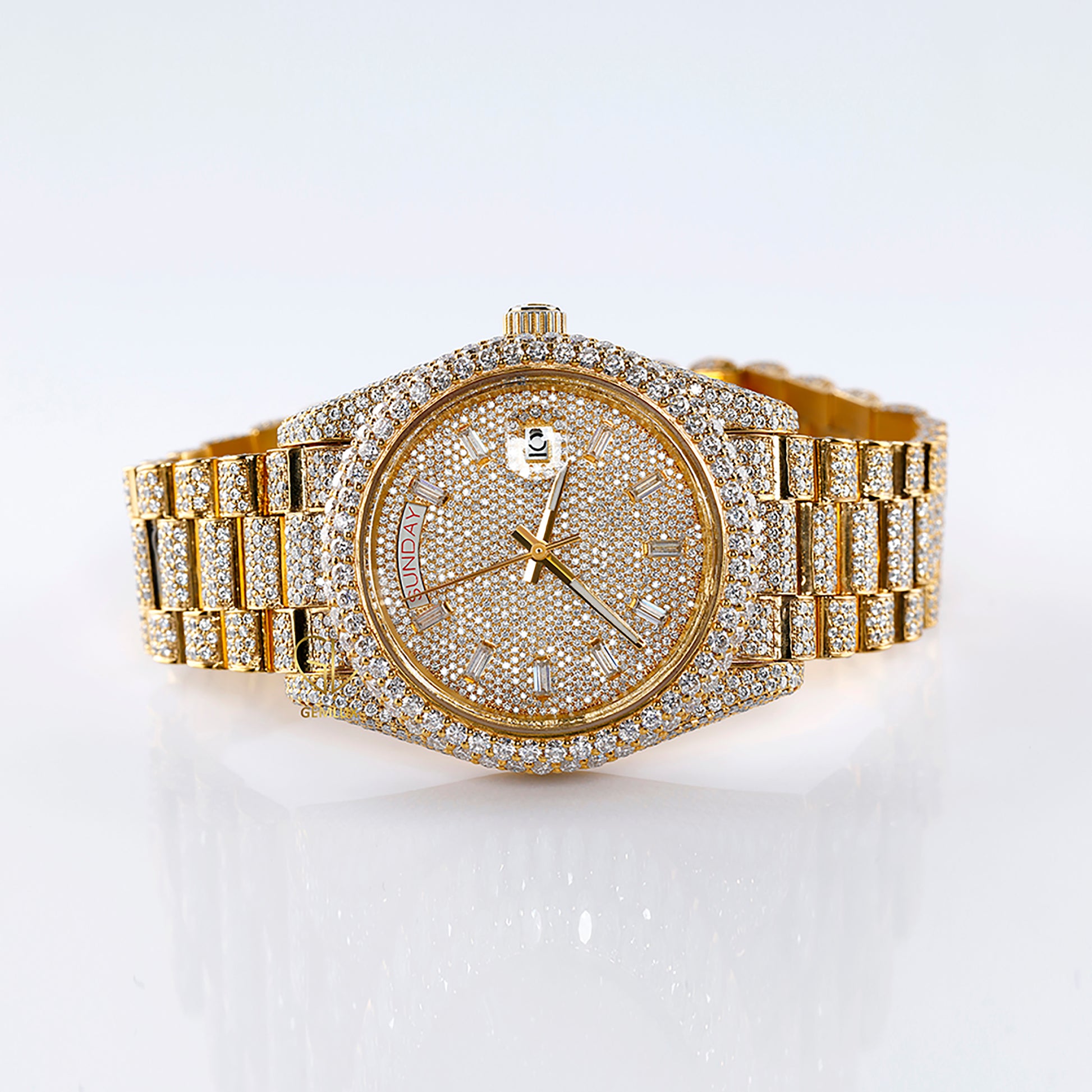 Yellow Gold Day Date Iced Out Moissanite Diamond Watch