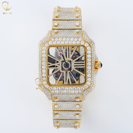 Yellow Gold Plated Skeleton Square Dial Lab Grown Diamond Watch
