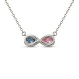 Discover a pink and blue pear-cut infinity pendant with smooth bezel settings. Personalize your gemstone pairing and metal with Gemlux Jewels.