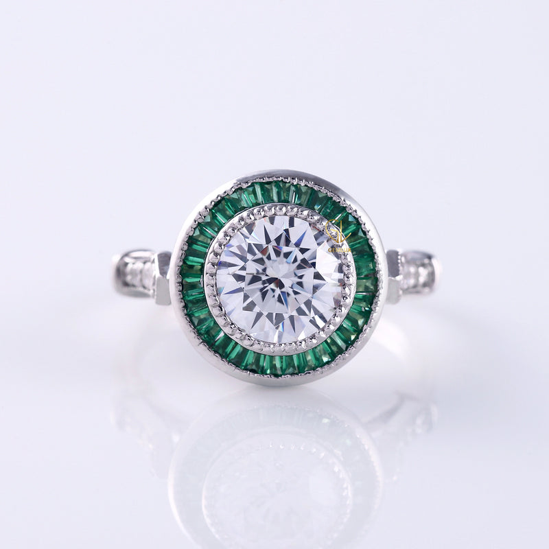 Bezel Set Art Deco Round Moissanite Halo Engagement Ring