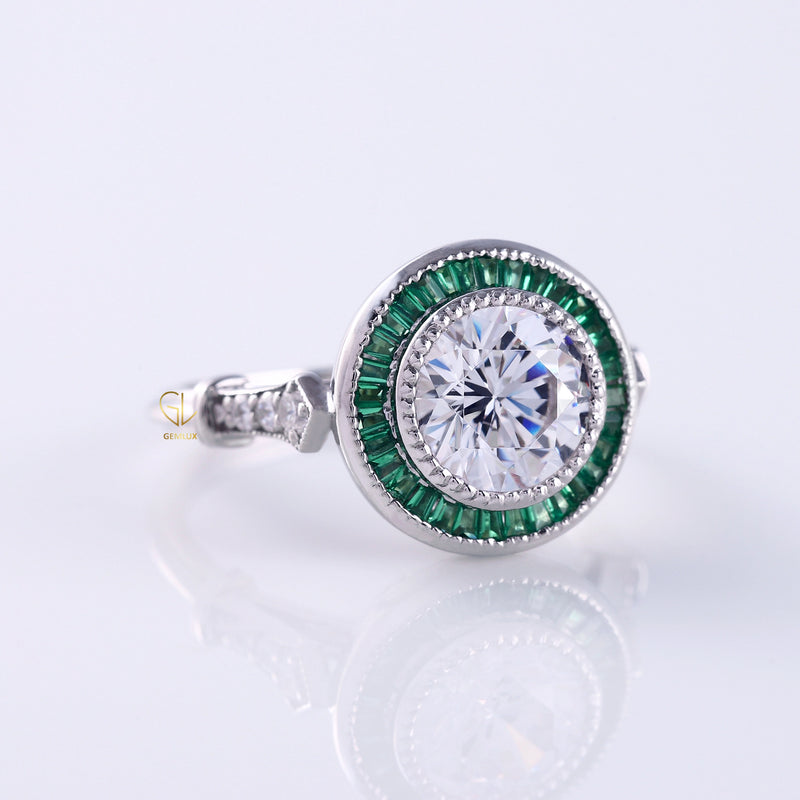 Bezel Set Art Deco Round Moissanite Halo Engagement Ring