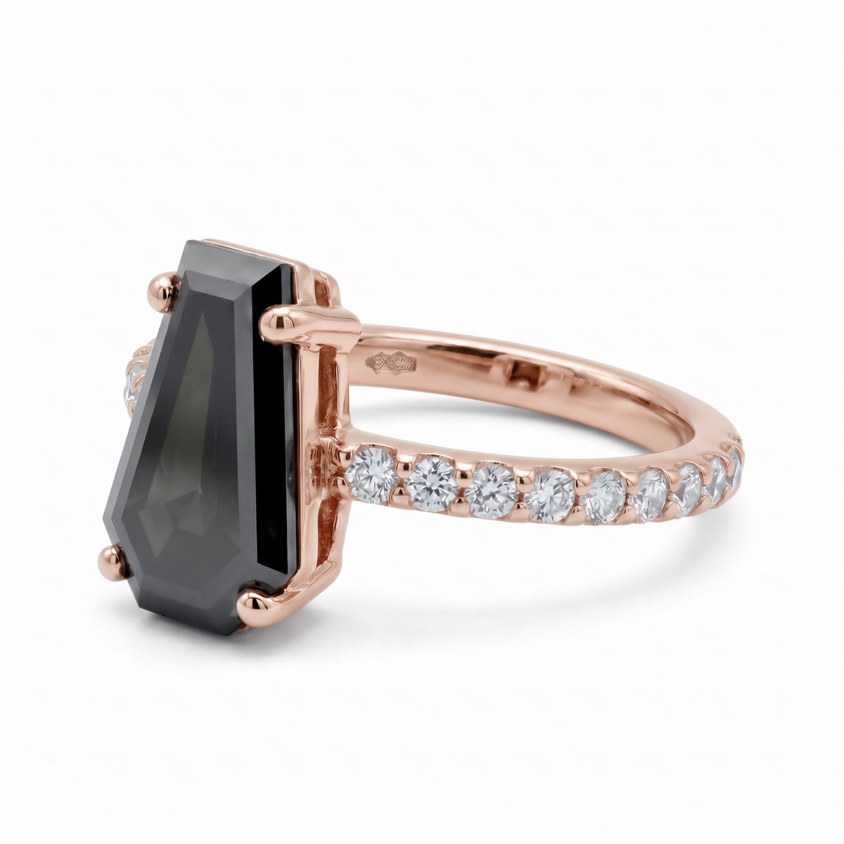 Black coffin-shaped gemstone engagement ring with four polished prongs and round clear accents along a white-metal band