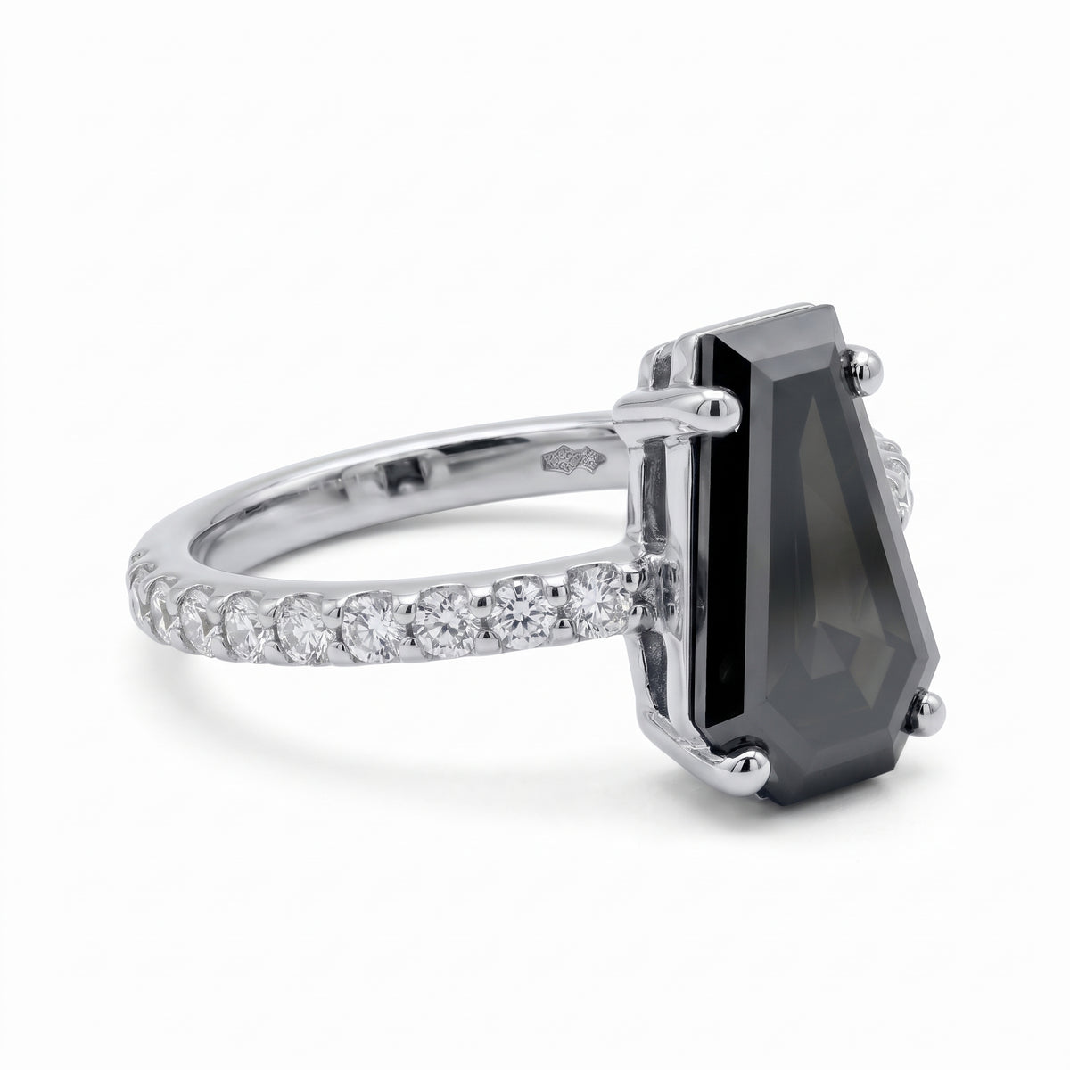 Black coffin-shaped gemstone engagement ring with four polished prongs and round clear accents along a white-metal band
