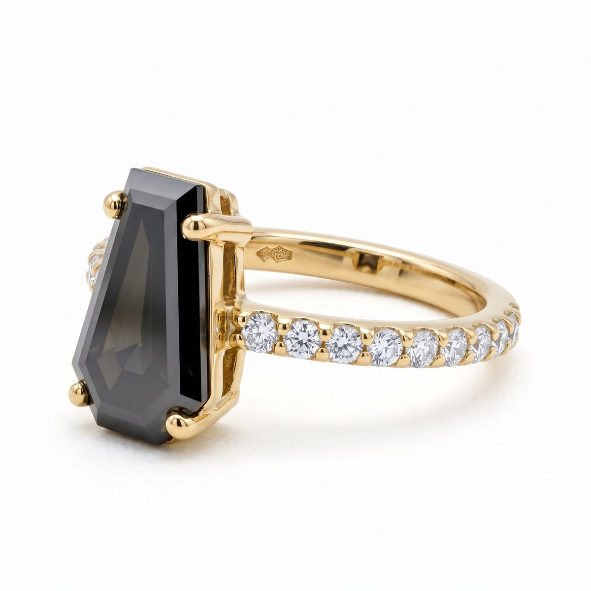 Black coffin-shaped gemstone engagement ring with four polished prongs and round clear accents along a white-metal band