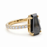 Black coffin-shaped gemstone engagement ring with four polished prongs and round clear accents along a white-metal band