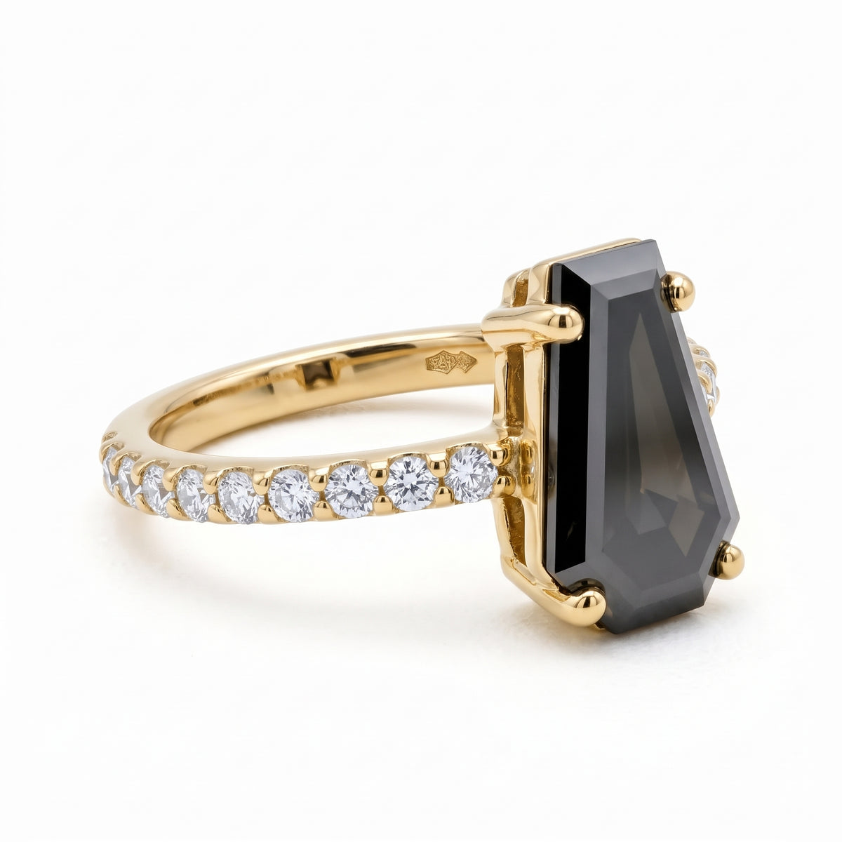 Black coffin-shaped gemstone engagement ring with four polished prongs and round clear accents along a white-metal band