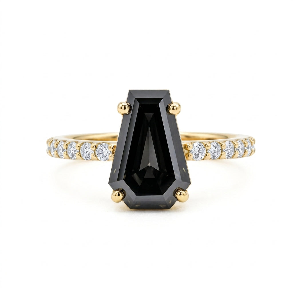Black coffin-shaped gemstone engagement ring with four polished prongs and round clear accents along a white-metal band
