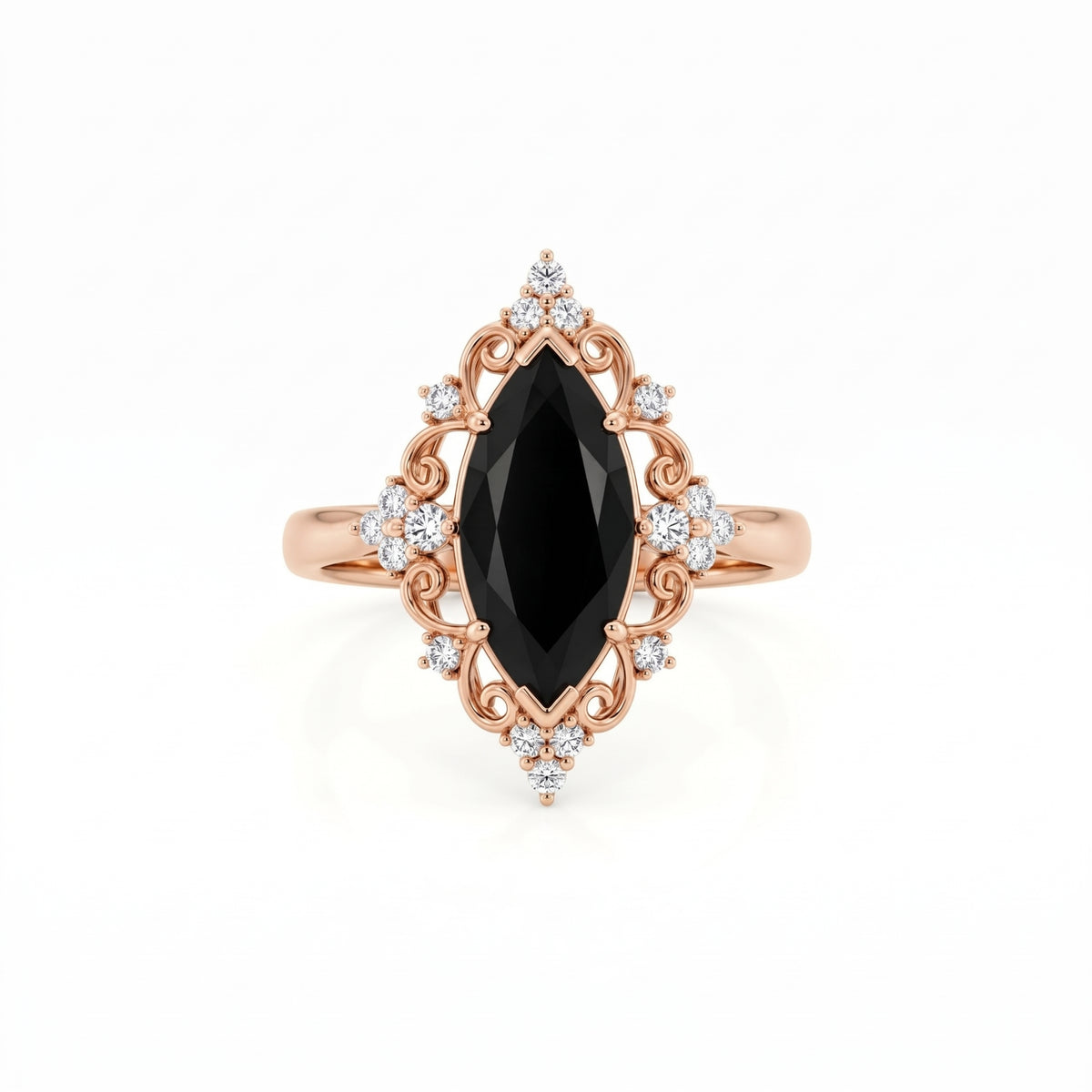 Black marquise gemstone ring with ornate white-metal scrollwork, clear round accent clusters and a polished band