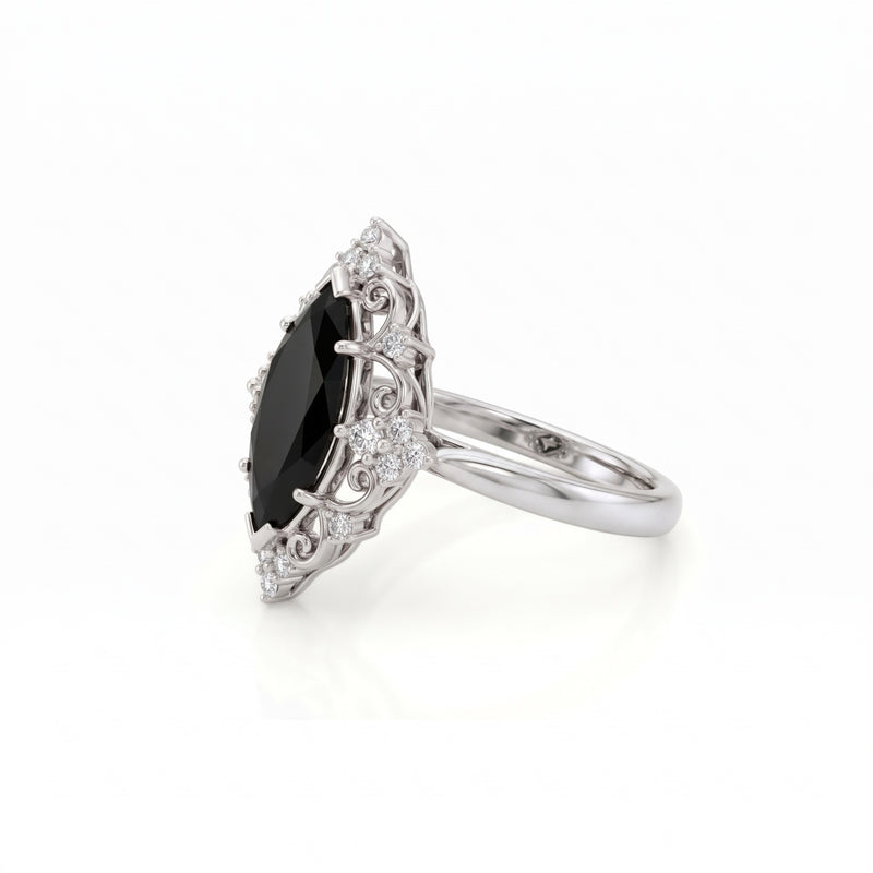 2 CT Black Marquise Vintage Scrollwork Engagement Ring