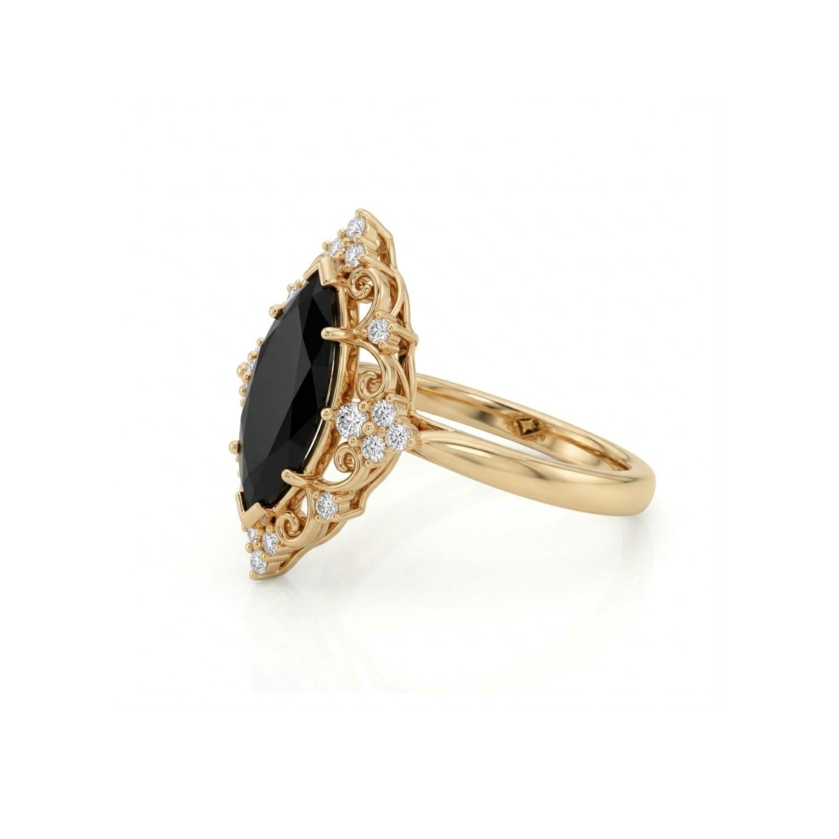 Black marquise gemstone ring with ornate white-metal scrollwork, clear round accent clusters and a polished band