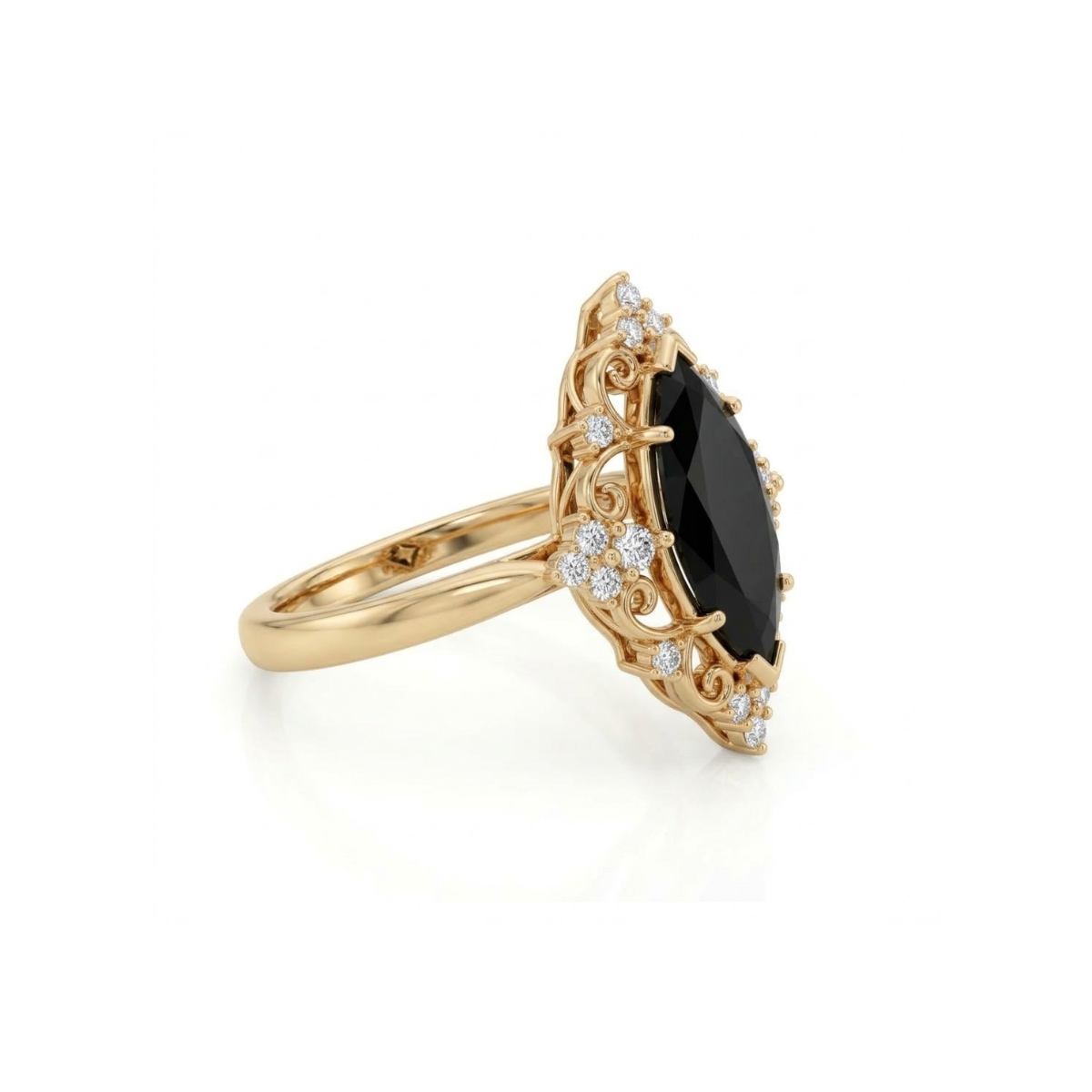 Black marquise gemstone ring with ornate white-metal scrollwork, clear round accent clusters and a polished band