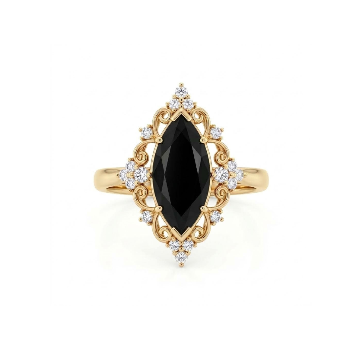 Black marquise gemstone ring with ornate white-metal scrollwork, clear round accent clusters and a polished band