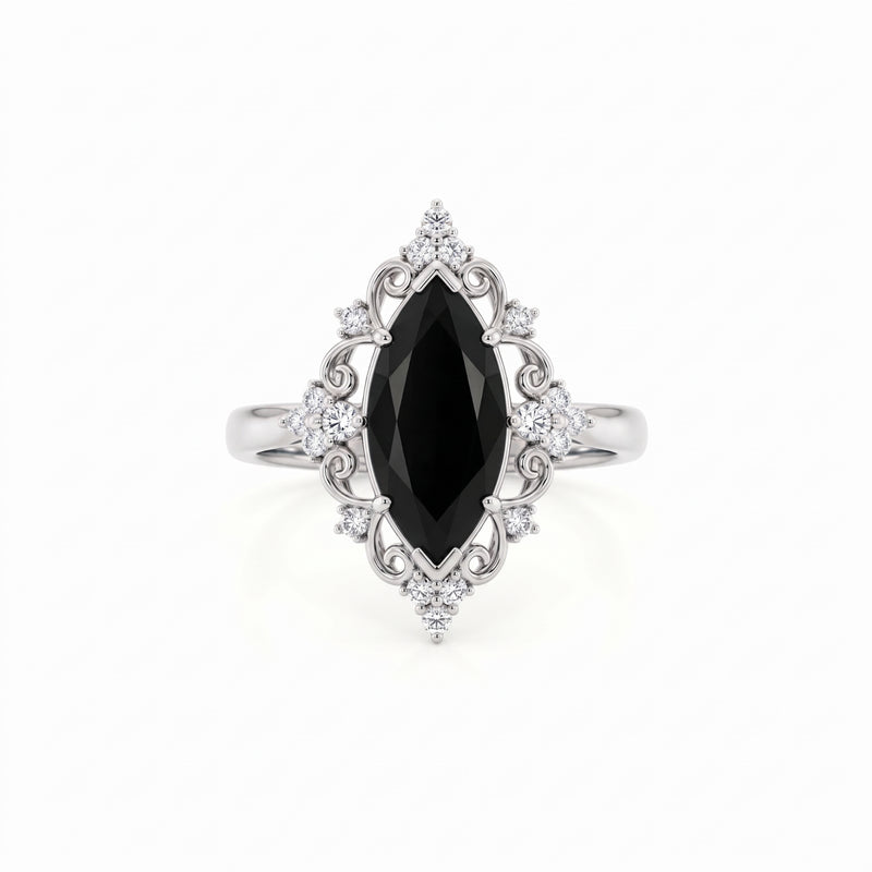 2 CT Black Marquise Vintage Scrollwork Engagement Ring