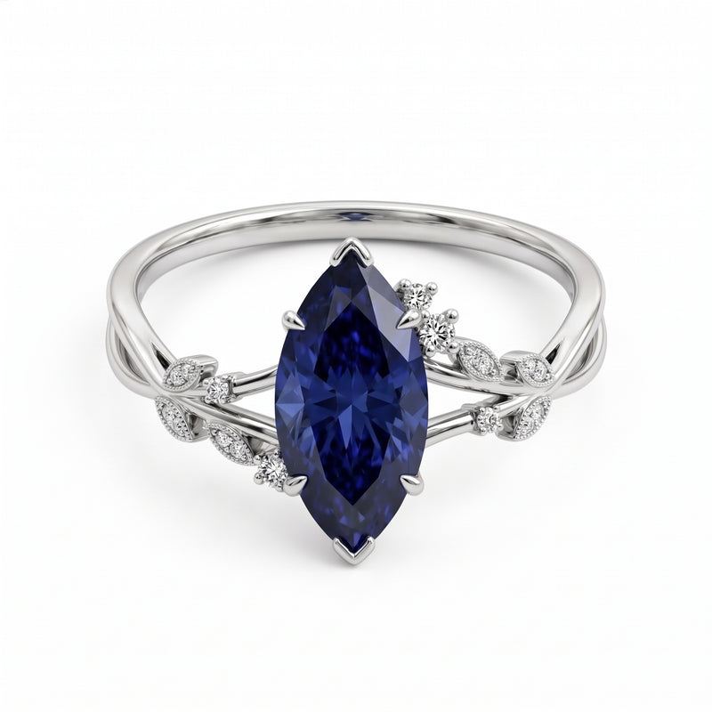 Blue Marquise Botanical Engagement Ring with Leaf Accents