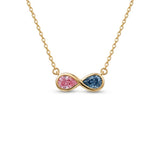 Discover a pink and blue pear-cut infinity pendant with smooth bezel settings. Personalize your gemstone pairing and metal with Gemlux Jewels.