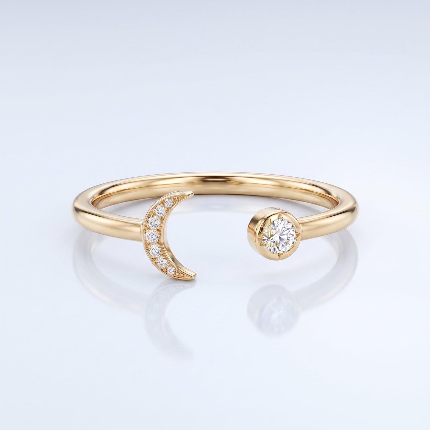 Celestial moon and star open lab-grown diamond ring, yellow gold, EGL certified, Gemlux Engagement Collection
