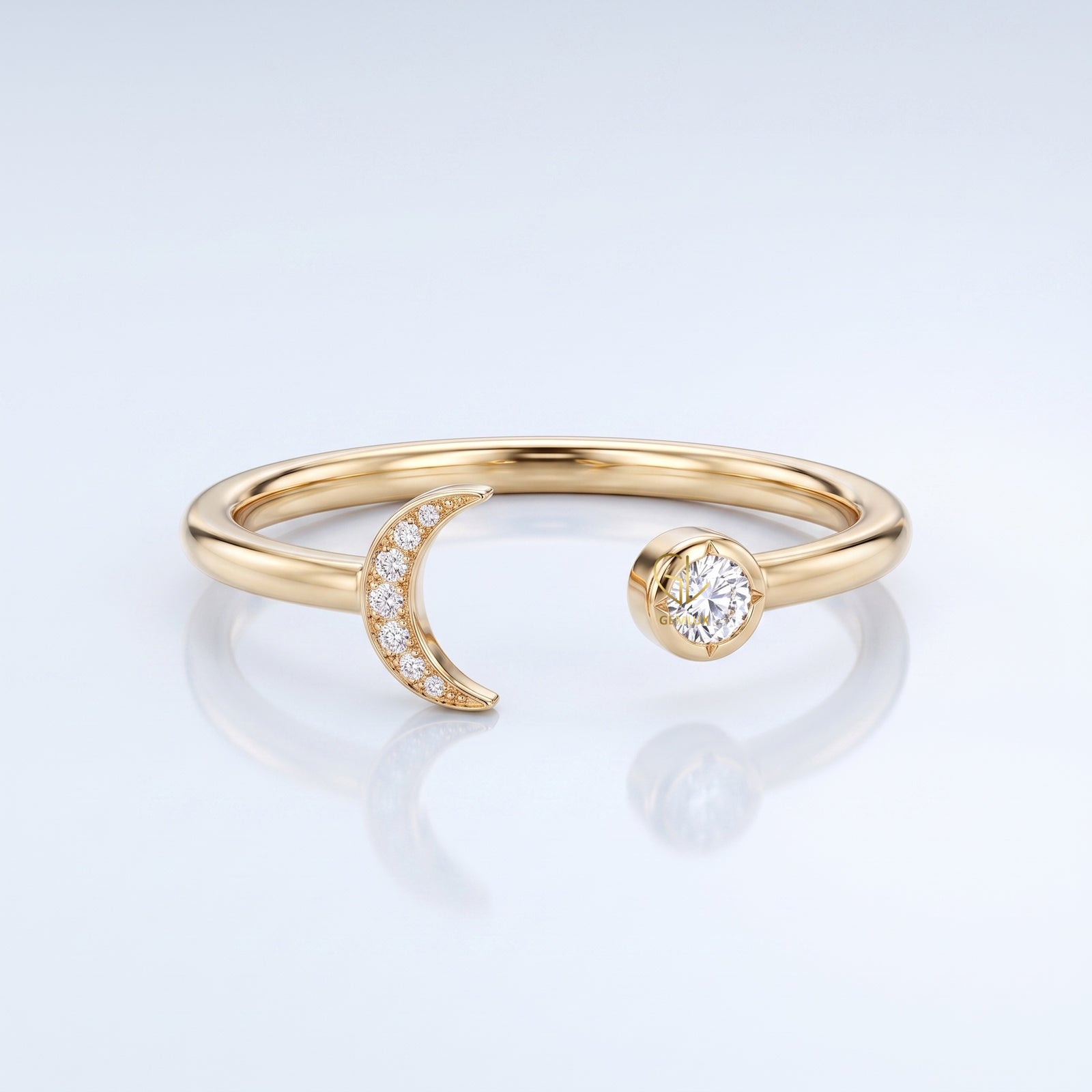 Celestial moon and star open lab-grown diamond ring, yellow gold, EGL certified, Gemlux Engagement Collection