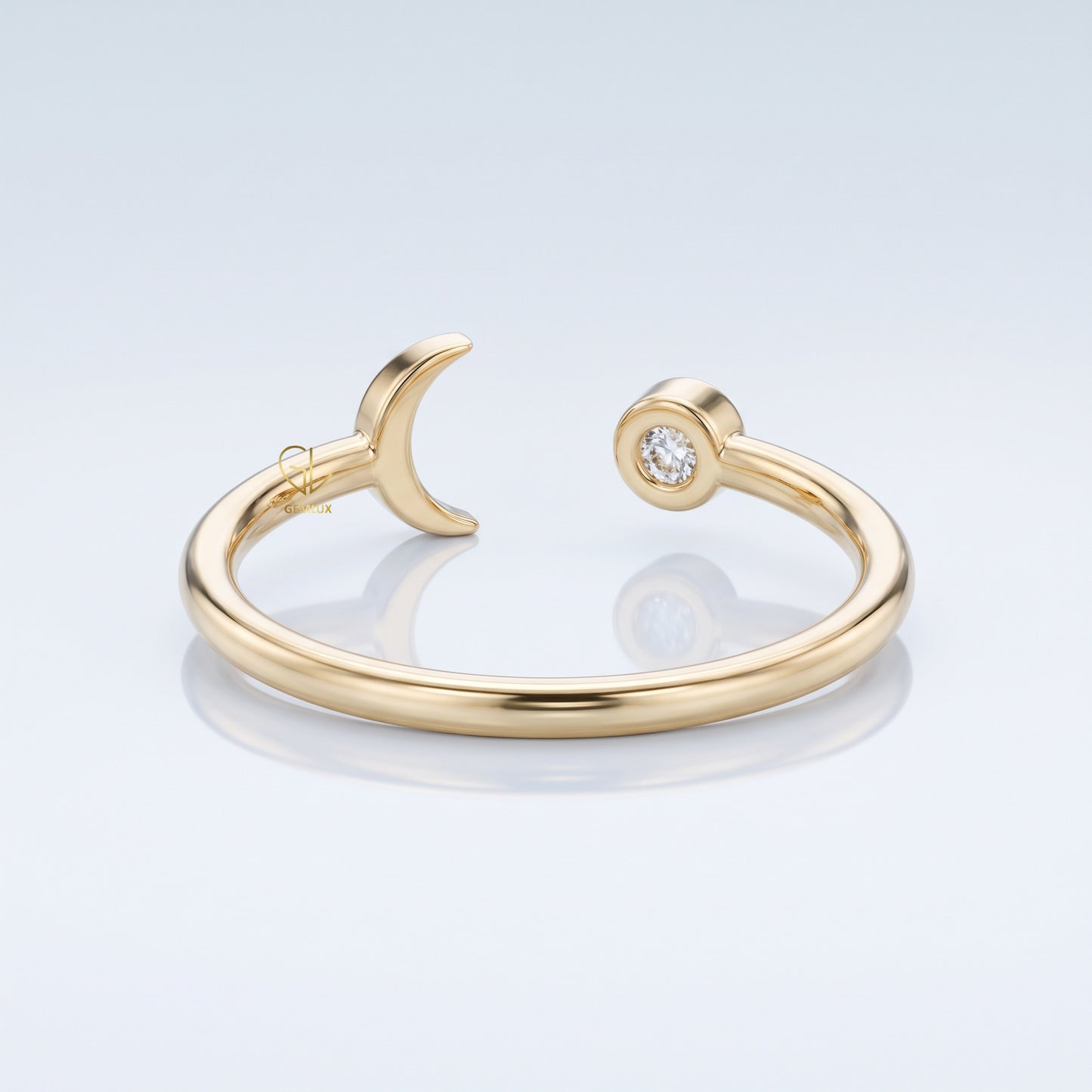 Celestial moon and star open lab-grown diamond ring, side angle, Gemlux Engagement Collection