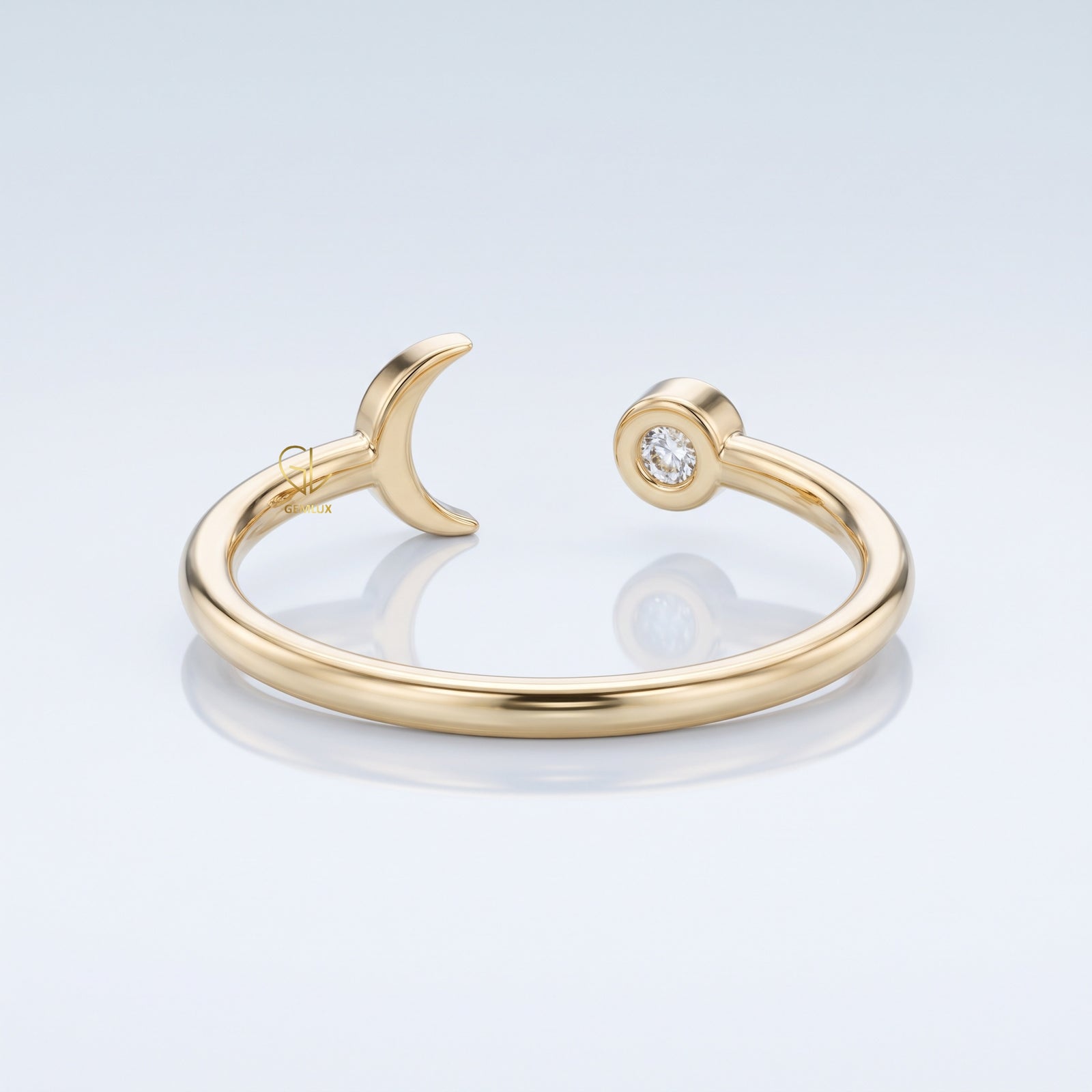 Celestial moon and star open lab-grown diamond ring, side angle, Gemlux Engagement Collection