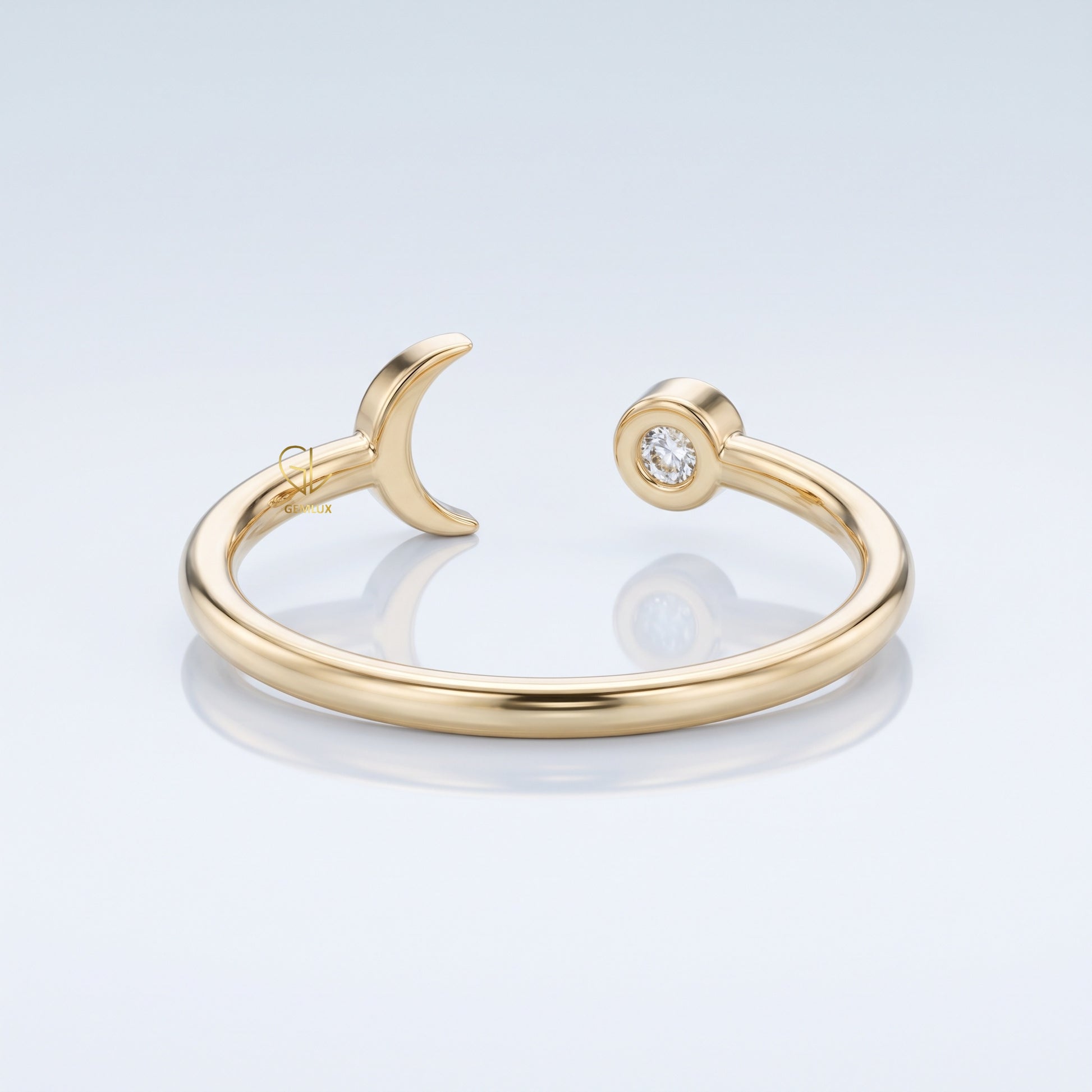 Celestial moon and star open lab-grown diamond ring, side angle, Gemlux Engagement Collection