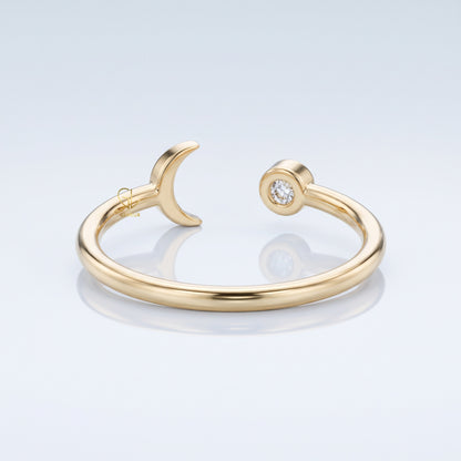 Celestial moon and star open lab-grown diamond ring, side angle, Gemlux Engagement Collection