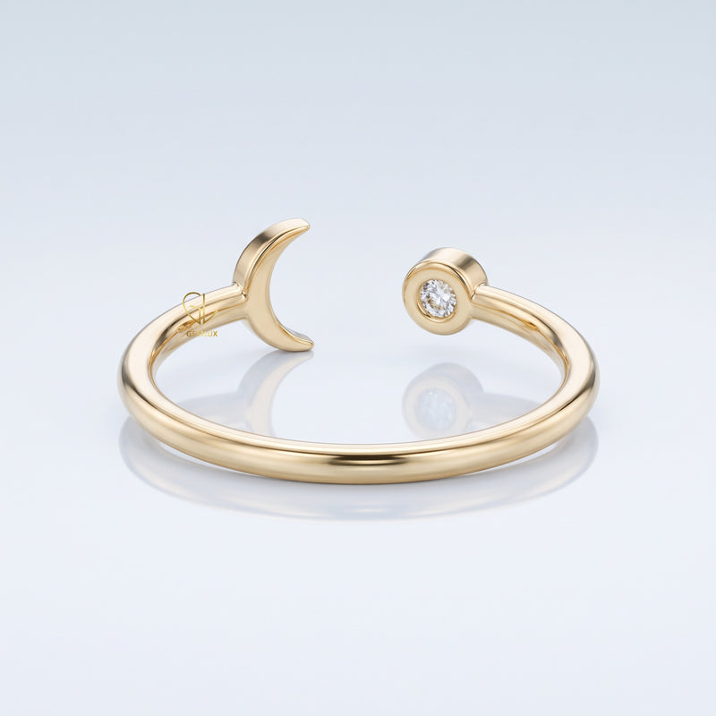 Celestial Moon and Star Lab Grown Diamond Open Ring in Solid Gold