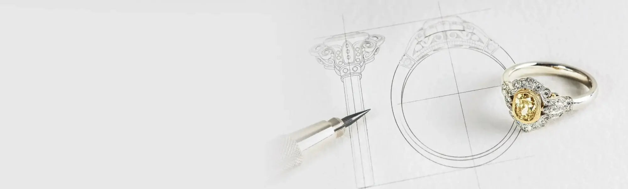 Custom engagement ring design sketch with finished yellow diamond ring