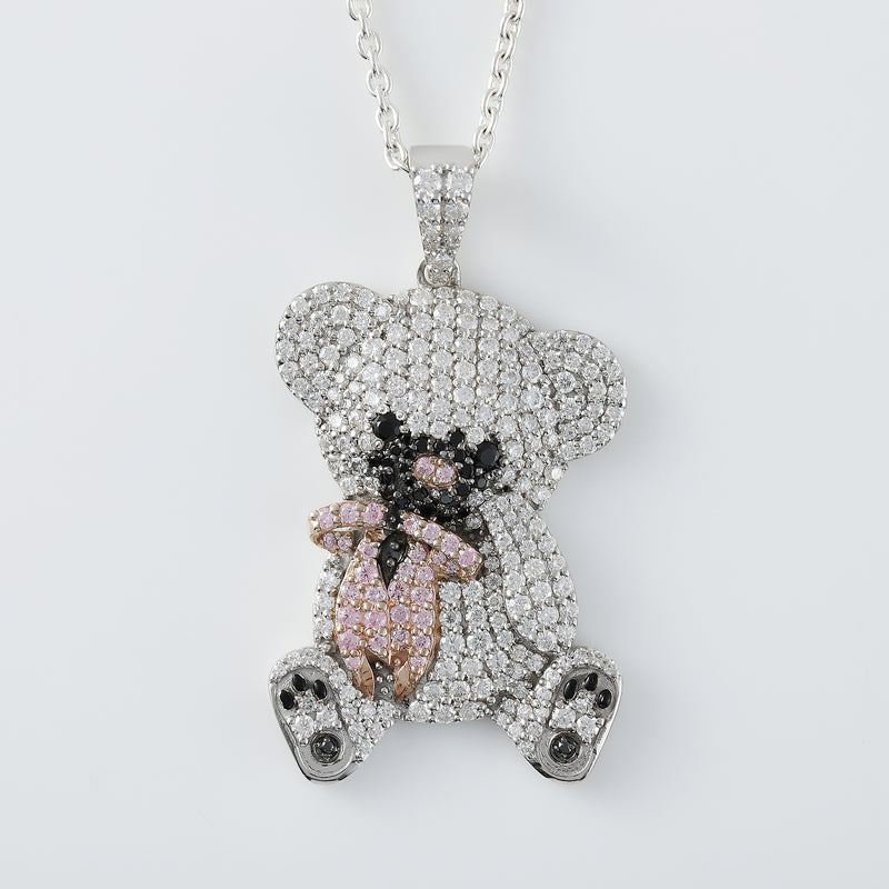 Cartoon Teddy Bear Bow Lab Grown Diamond Necklace Pendant