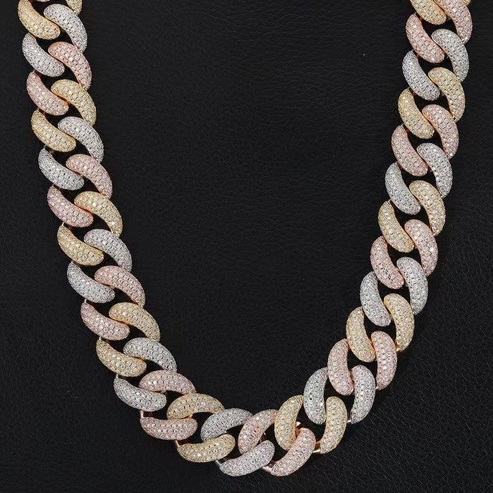 Cuban link moissanite diamond chain, three-tone 925 sterling silver, Gemlux Hip-Hop Collection