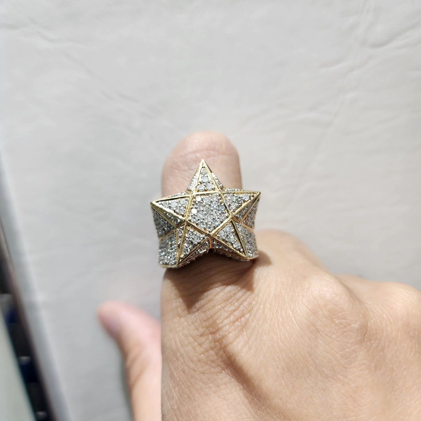 Star design pave-set round-cut moissanite diamond pinky ring, sterling silver and gold, Gemlux Hip-Hop Collection