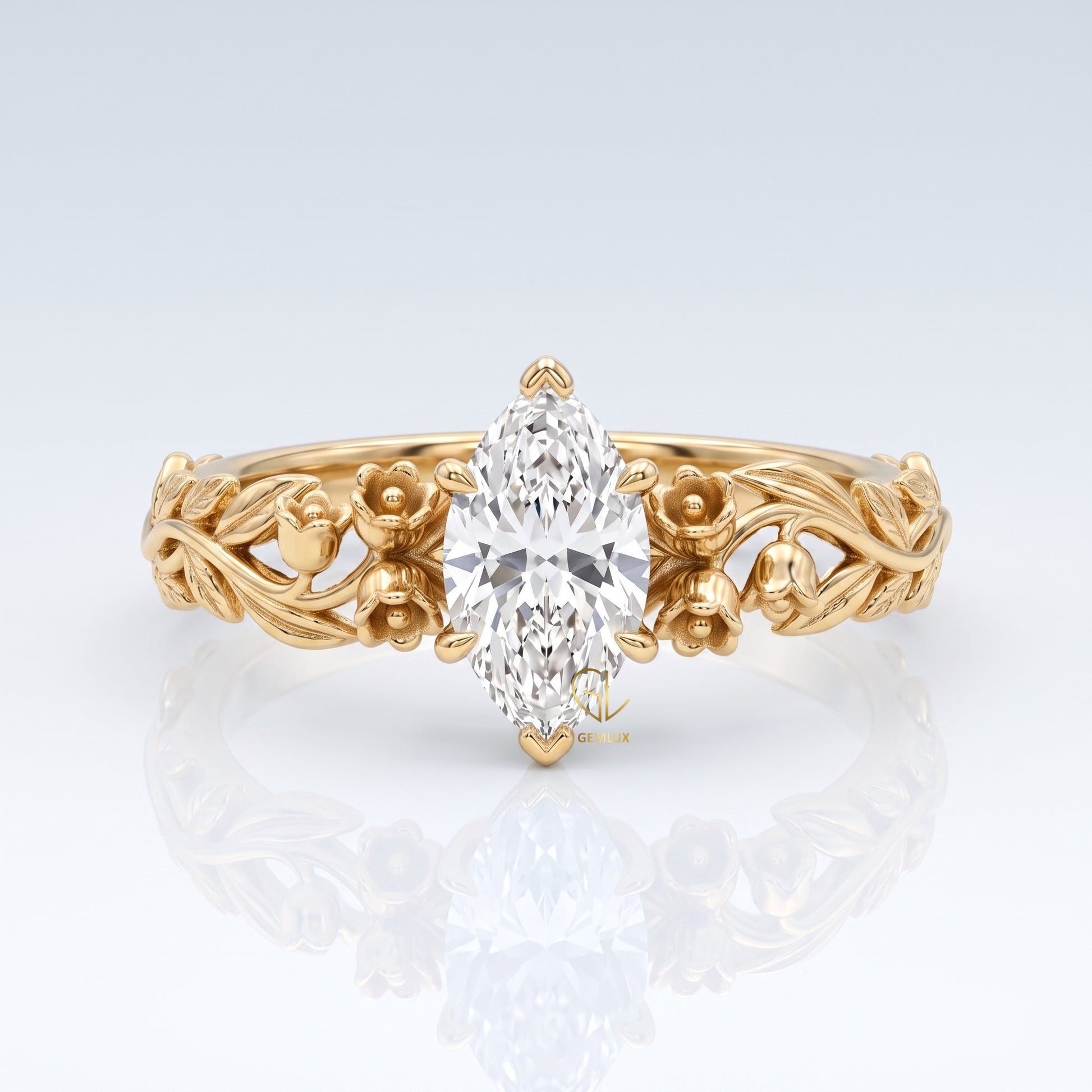 Marquise cut lab-grown diamond floral vine engagement ring, yellow gold, IGI certified, Gemlux Engagement Collection