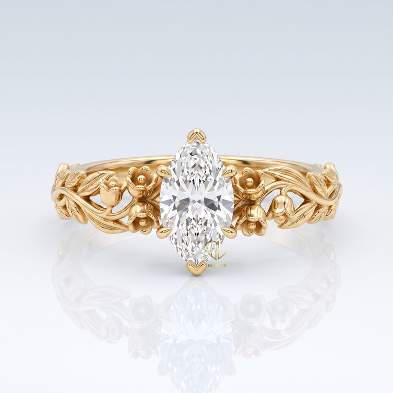 Marquise Cut Lab Grown Diamond Floral Vine Engagement Ring in Solid Gold