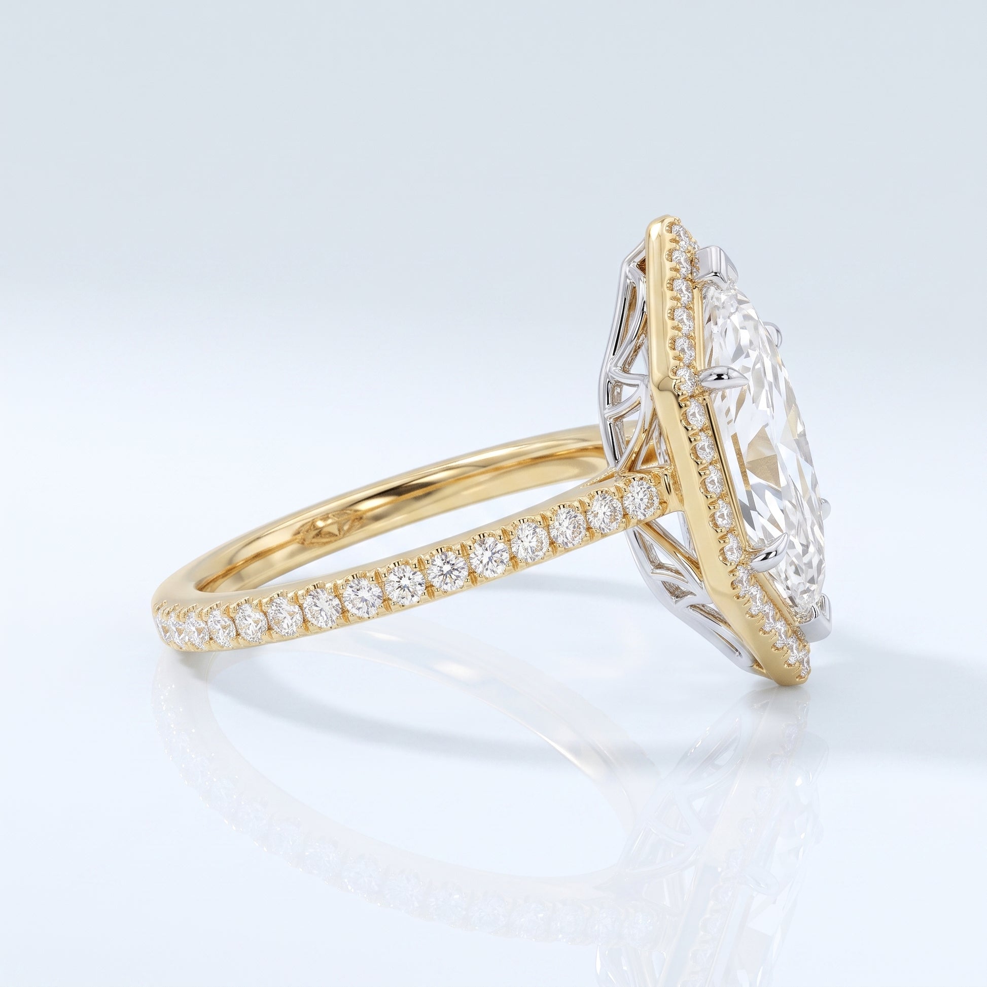 Marquise cut lab-grown diamond hexagon halo ring, detail view of pave setting, Gemlux Engagement Collection