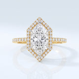 Marquise cut lab-grown diamond hexagon halo engagement ring, yellow gold, IGI certified, Gemlux Engagement Collection