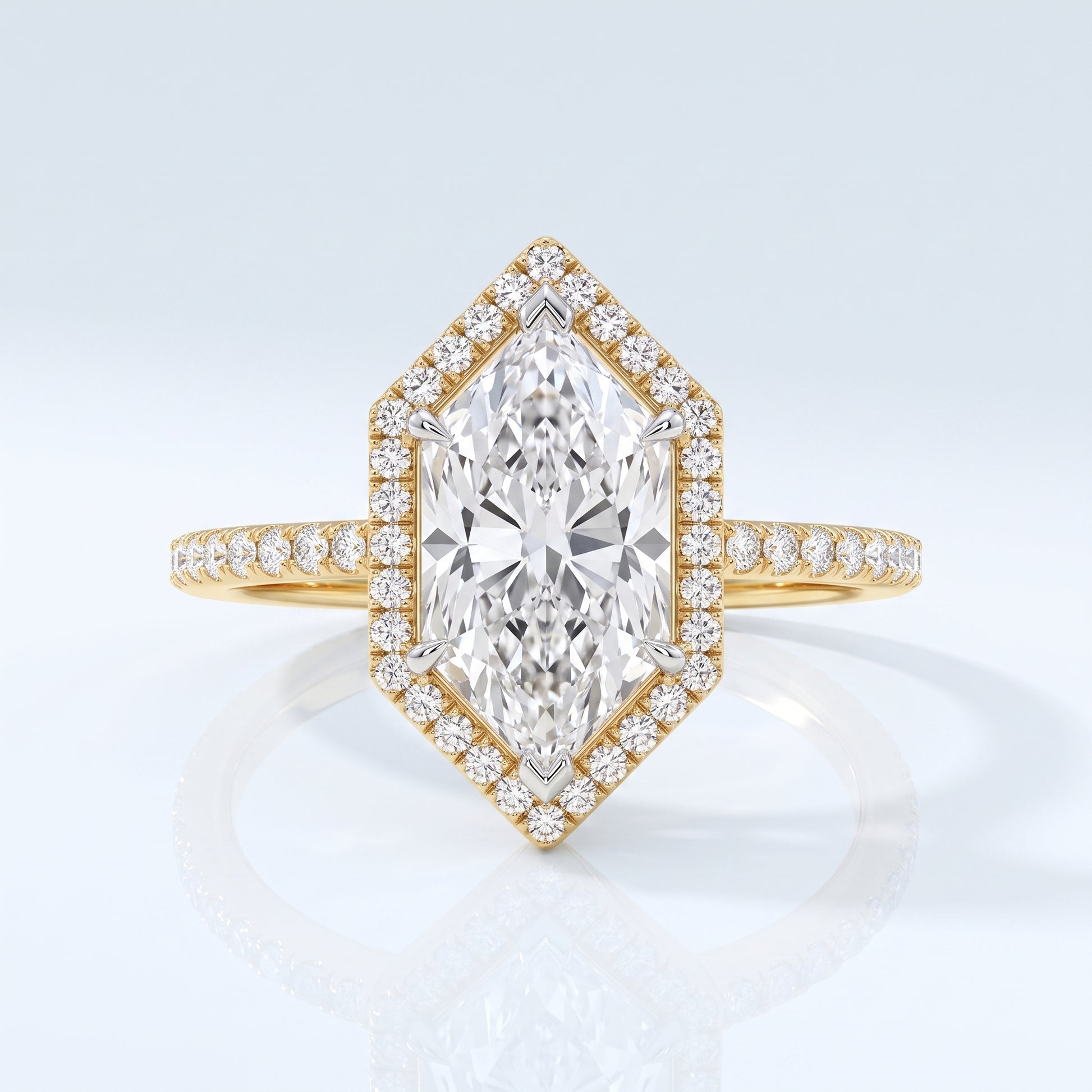 Marquise cut lab-grown diamond hexagon halo engagement ring, yellow gold, IGI certified, Gemlux Engagement Collection