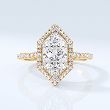 Marquise cut lab-grown diamond hexagon halo engagement ring, yellow gold, IGI certified, Gemlux Engagement Collection