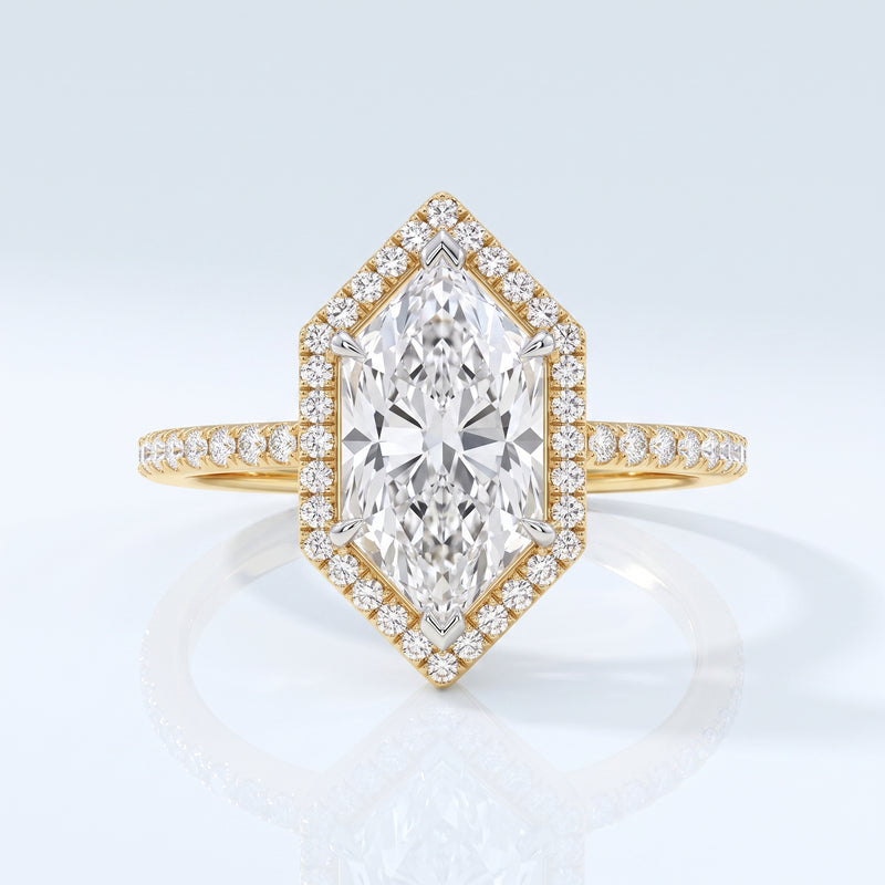 Marquise Cut Lab Grown Diamond Hexagon Halo Engagement Ring in Solid Gold