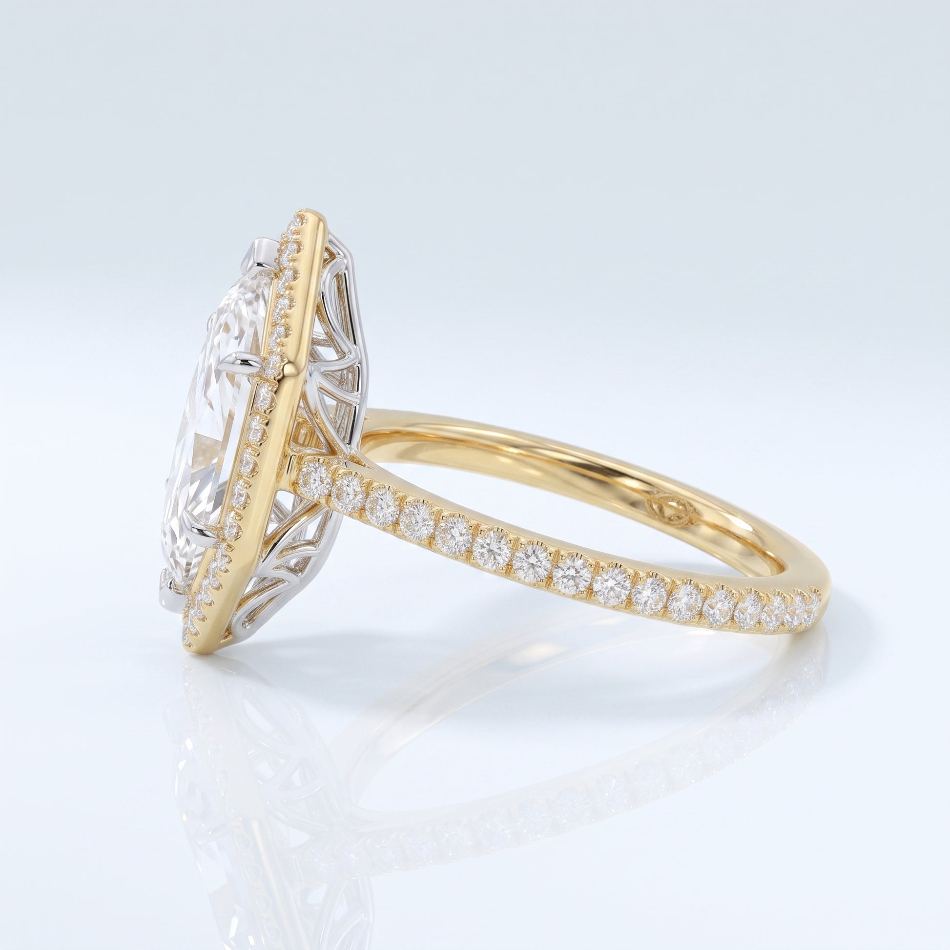 Marquise cut lab-grown diamond hexagon halo ring, side angle, Gemlux Engagement Collection