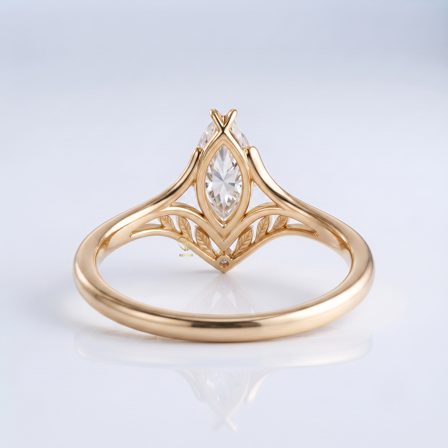 Marquise cut lab-grown diamond leaf cathedral ring, additional angle, Gemlux Engagement Collection