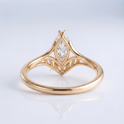 Marquise cut lab-grown diamond leaf cathedral ring, additional angle, Gemlux Engagement Collection