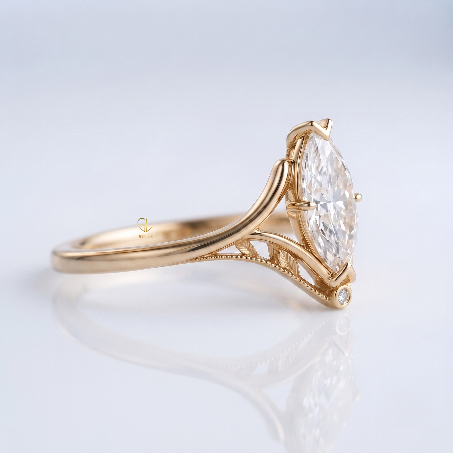 Marquise cut lab-grown diamond leaf cathedral ring, detail view of cathedral setting, Gemlux Engagement Collection