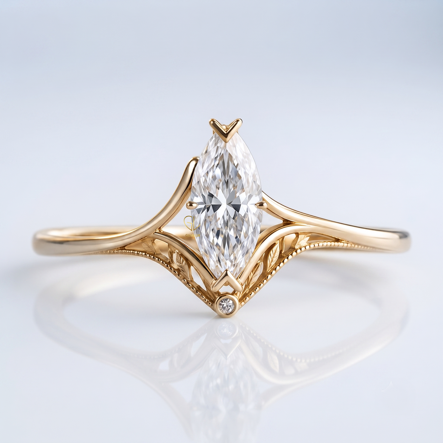 Marquise cut lab-grown diamond leaf cathedral engagement ring, yellow gold, IGI certified, Gemlux Engagement Collection