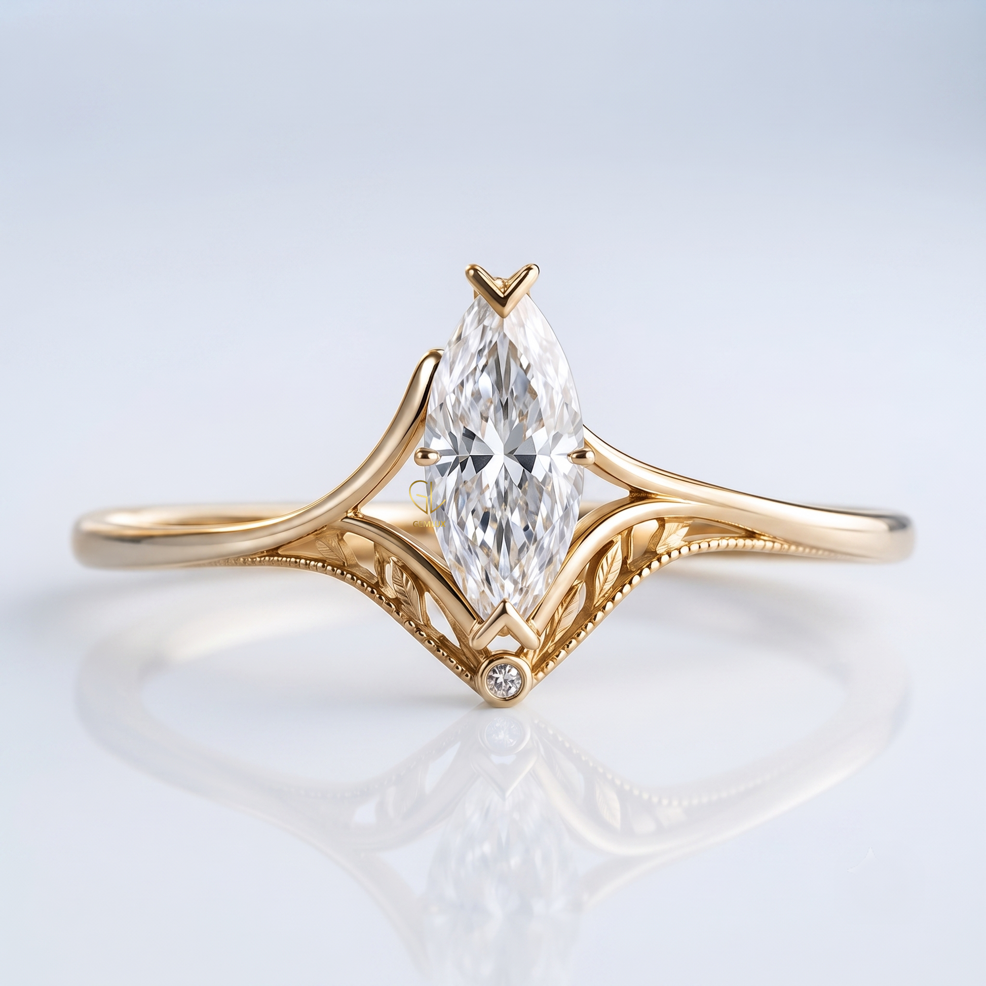 Marquise cut lab-grown diamond leaf cathedral engagement ring, yellow gold, IGI certified, Gemlux Engagement Collection