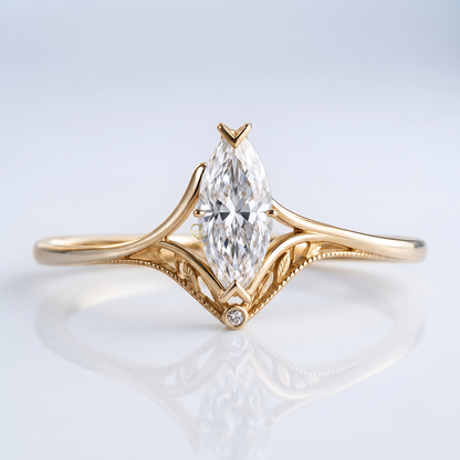 Marquise cut lab-grown diamond leaf cathedral engagement ring, yellow gold, IGI certified, Gemlux Engagement Collection