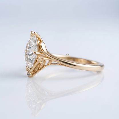 Marquise cut lab-grown diamond leaf cathedral ring, side angle, Gemlux Engagement Collection