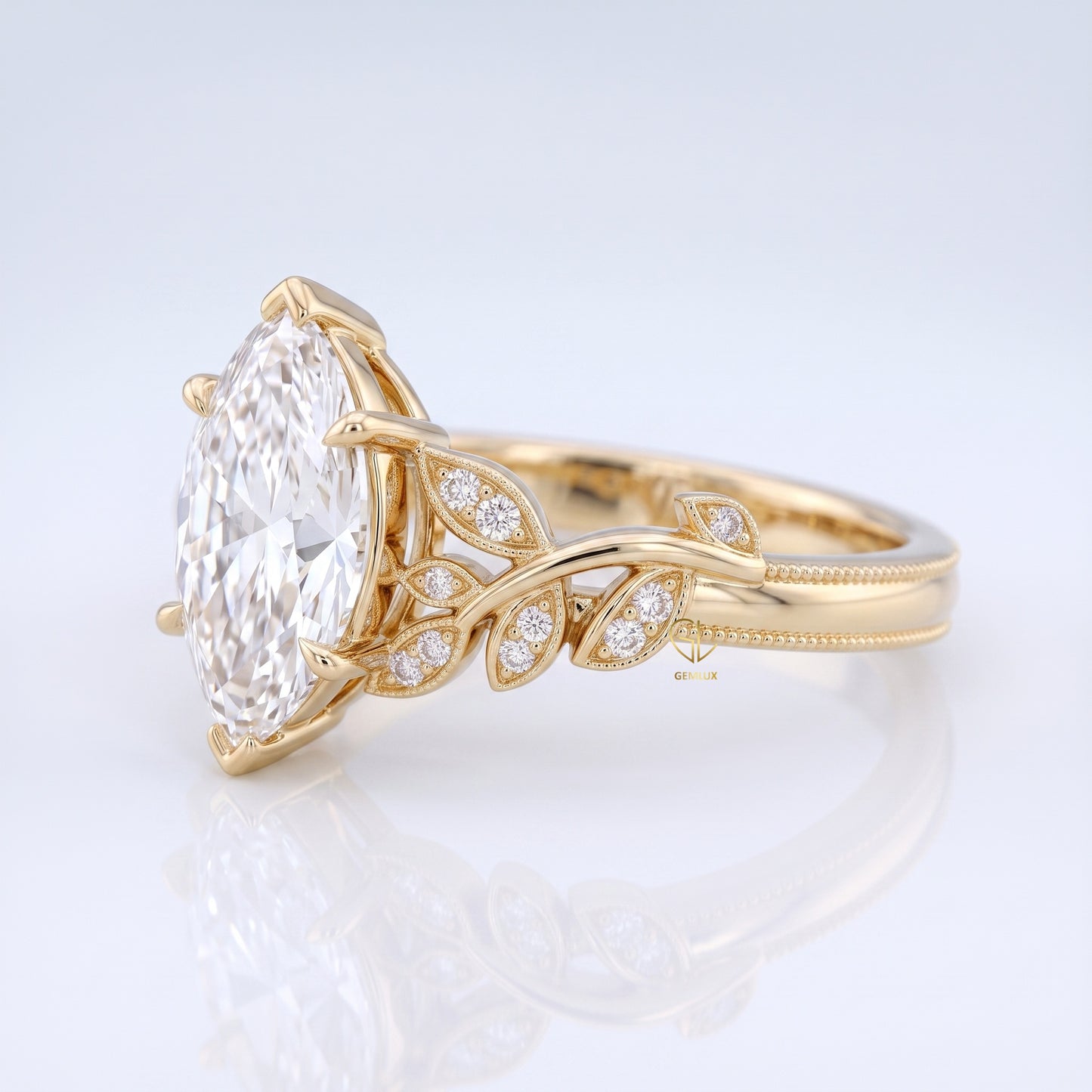 Marquise cut lab-grown diamond leaf vine engagement ring, detail view of pave leaf setting, IGI certified, Gemlux Engagement Collection