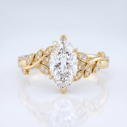 Marquise cut lab-grown diamond leaf vine engagement ring, 3 carat, yellow gold, IGI certified, Gemlux Engagement Collection